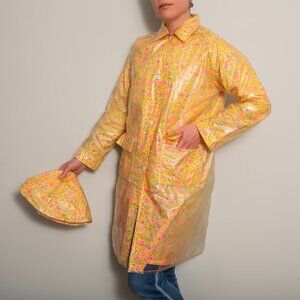 Vintage Japanese Yellow Floral Raincoat with Matching Hat